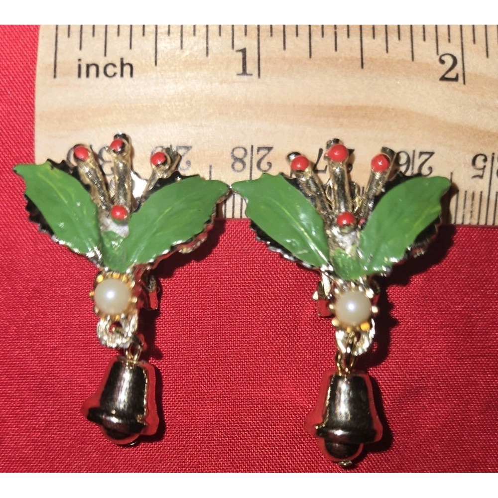 Vintage Christmas Holly Leaf Bell Clip On Earrings Enamel Pearl Dangle 60s/70s
